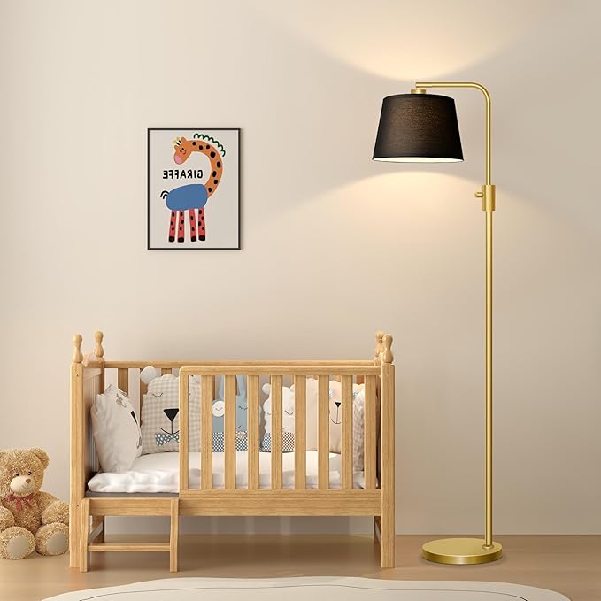 Nintiue Dimmable Gold Floor Lamp, 1000 LM LED Edison Bulb Included, Arc Floor Lamps for Living Room with Black Shade, Modern Standing Lamp Tall Lamps for Living Room Bedroom