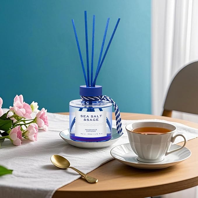 Sea Salt Reed Diffuser, 6.77OZ/200ML Large Capacity Natural Non-Toxic Oil, Long-Lasting Fragrance Reed Diffusers Set for Home and Bathroom, Aroma with 5 Reed Diffuser Sticks Gifts