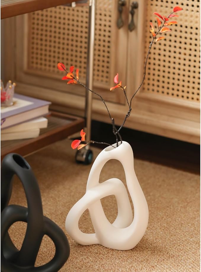 Modern White Ceramic Flower Vases for Home Decor Aesthetic, Boho Decorative Vase for Bouquet Pampas Grass, Living Room Bedroom Kitchen Maximalist Decor (Black)