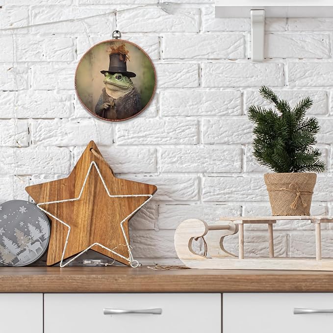 Frog Vintage Round Art Wall Hanging, Iron hanging eyelet, Modern Living Room Wall Decor, medieval framed artwork canvas print, for home bedroom rustic farmhouse decoration - A02