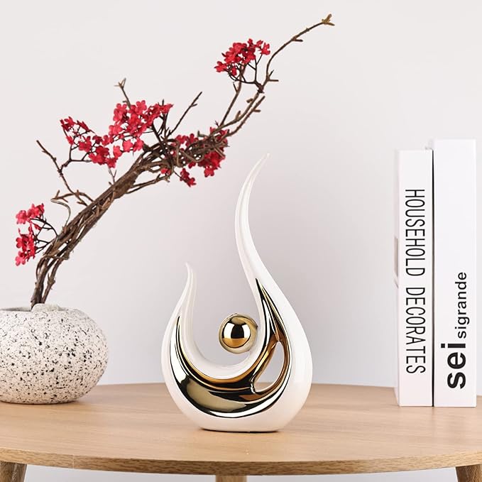 LCCCK White Gold Abstract Figurine Statues for Home Decor – Modern Ceramic Sculpture Accent, Decorative Statues for Living Room, Shelf, TV Stand, Office or Coffee Table Centerpiece Art Decoration
