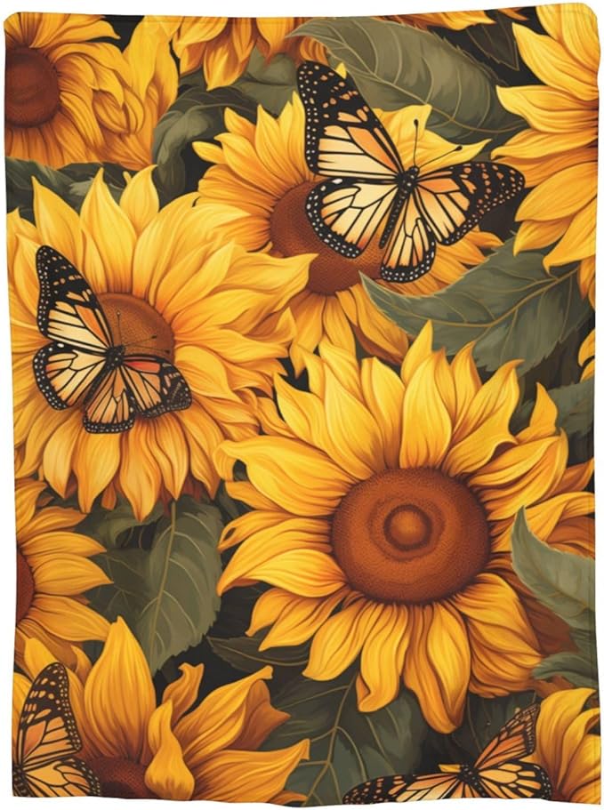 Sunflower Butterfly Blanket Gifts for Grils Women Floral Flannel Throw Blankets for Home Couch Bed Sofa Soft Fuzzy Lightweight Decor All Season 80x60 Inches