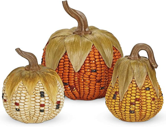 Briful Fall Corn Pumpkin Set 3PCS Resin Pumpkins Harvest Decorative Faux Corn Pumpkins for Home Thanksgiving Table Centerpiece Tray Display Indoor & Outdoor Autumn Decor