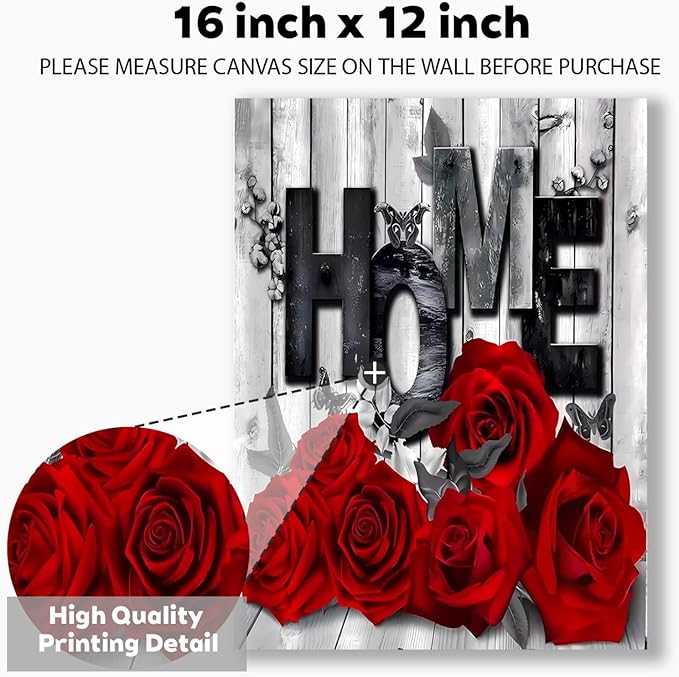 Floral Canvas Wall Art 12x16 Inch - Modern Red Rose Botanical Print for Bathroom, Couples Bedroom, Living Room, Kitchen - Vintage Farmhouse Style Home Decor