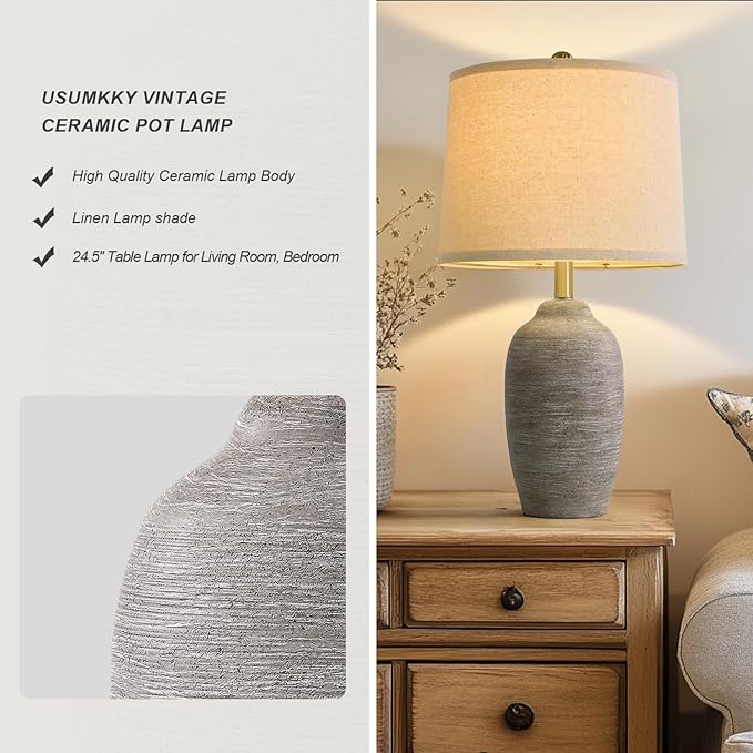 24.5" Handcrafted Ceramic Table Lamp - Single Farmhouse Vintage Rustic Bedside Lighting for Living Room, Bedroom, Entryway | Nightstand & End Table Decor with Linen Shade (Bulb Not Included)