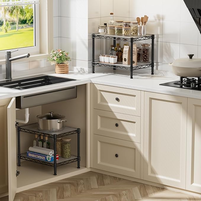 SINGAYE 2 Small Shelves Kitchen Storage Shelf Wire Shelving Unit Metal Shelf Adjustable Organizers Storage Shelving for Office Pantry Black 12" D X 18" W X 12" H