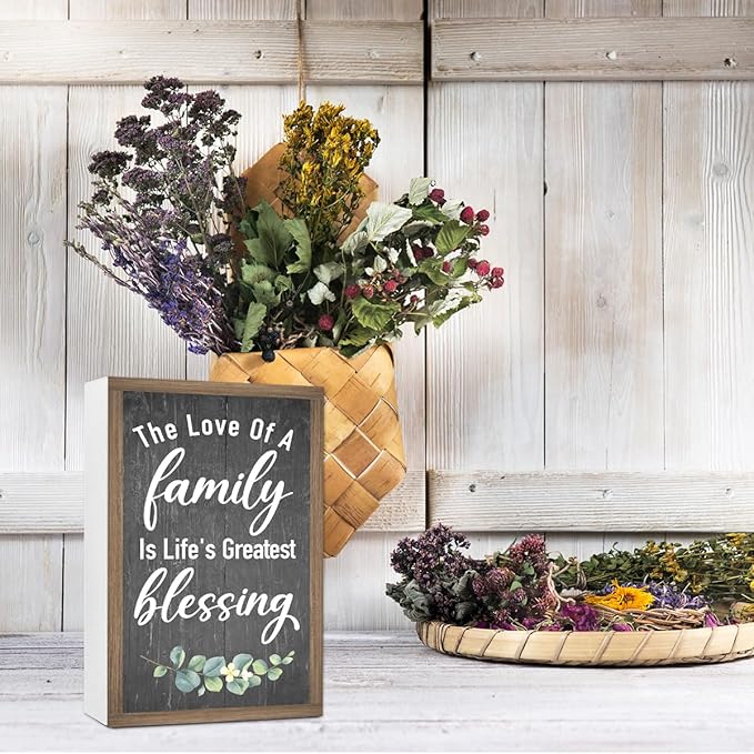 The Love of a Family is Life's Greatest Blessing Wooden Box Sign Desk Decor,Family Saying Wood Block Sign for Home Farmhouse Bedroom Shelf Tabletop Wall Decor