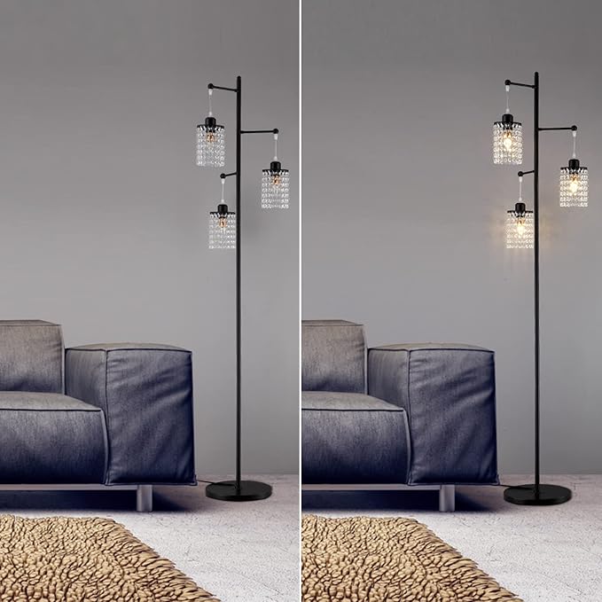 beaysyty Art Decor Crystal Black Floor Lamp 3-Light Contemporary Crystal Lampshade for Living Room,Bedroom,Office