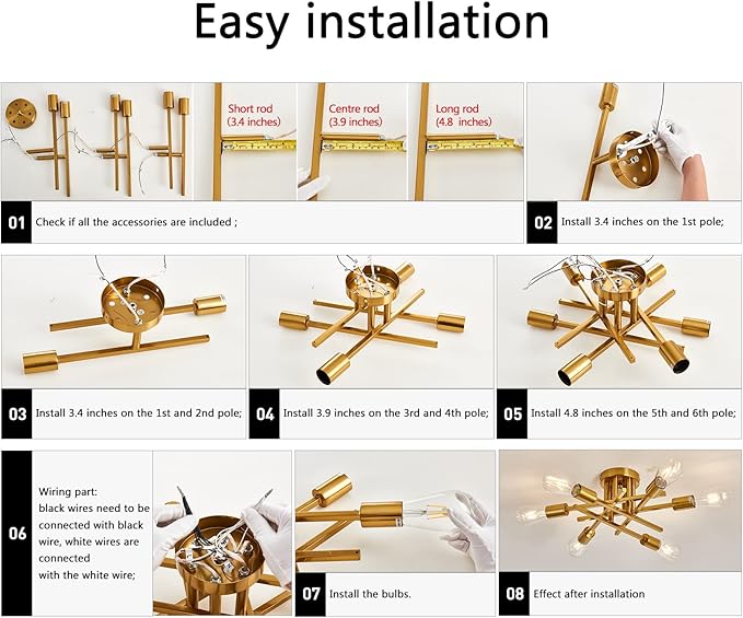 ASGYISA 6-Lights Semi Flush Mount Ceiling Light Fixture Gold Modern Matte Sputnik Chandelier Vintage Ceiling Lamp Farmhouse for Kitchen Bedroom Dining Room Living Room with E26 Bulb Base