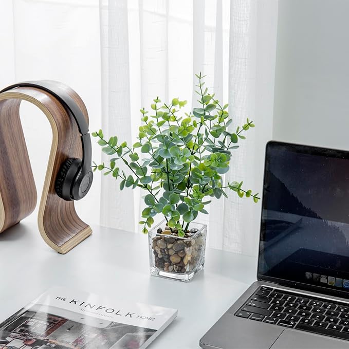 MyGift Artificial Rosemary Eucalyptus and Boxwood Plants Potted in Clear Glass Square Pots, Assorted Faux Greenery Indoor Home Table Centerpiece Office Desk Decor, 3 Piece Set