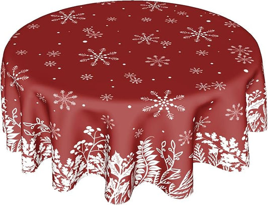 Merry Christmas Tablecloth 60 Inch Round Red Christmas Floral Table Cloth Round Cover Christmas Snowflake Snowy Xmas Table Cloth Winter Farmhouse Decorative for Holiday Home Kitchen Dining Party