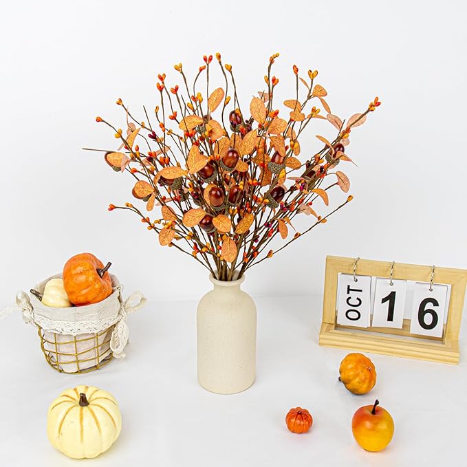 12 PCs Artifical Fall Stems 17 Inches Faux Autumn Branches Fall Floral Picks with Berry Acorn for Vase Table Centerpieces Window Living Room Indoor Decor