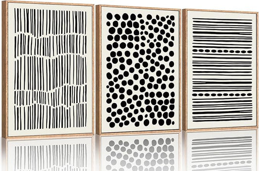 KAIRNE 3Pcs Black and White Boho Framed Canvas Wall Art Set, Minimalist Geometric Line Wall Decor, Abstract Black Wall Painting, Modern Neutral Art Print for Living Room, Bedroom, Kitchen 16x24inch