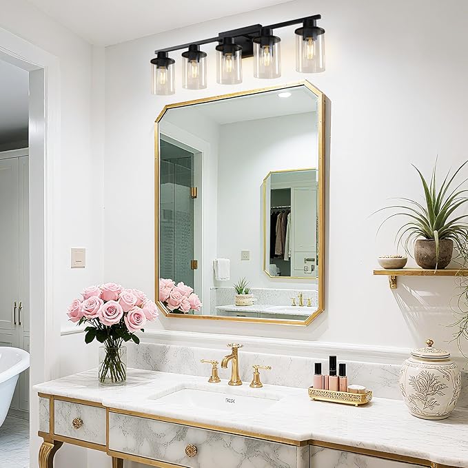 LOUSACE 5 Light Bathroom Vanity Light, Matte Black Bathroom Light Fixtures, Modern Bathroom Lights Over Mirror with Clear Glass Shade, Wall Sconce Lighting for Bedroom Living Room