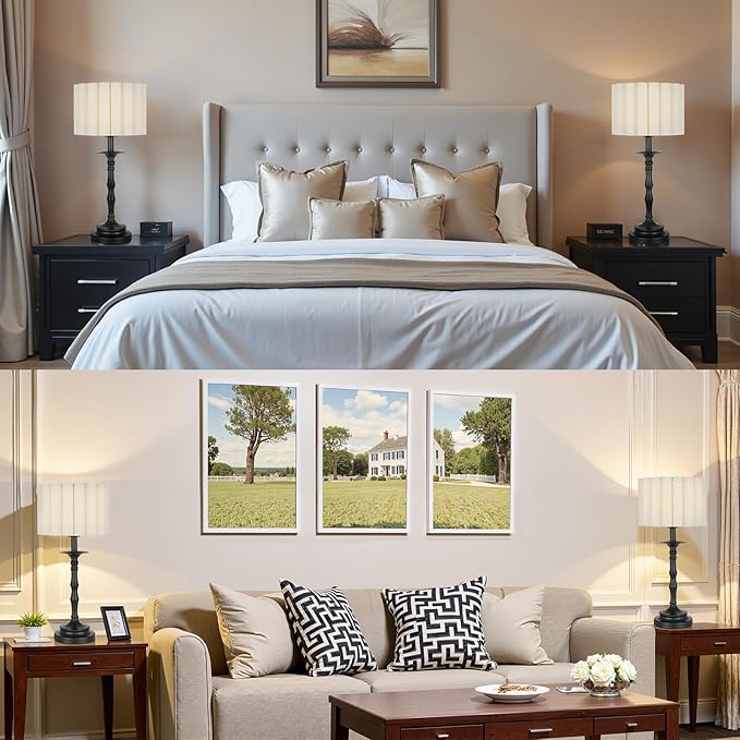 Vintage Black Scalloped Table Lamp, Rustic/Farmhouse Pleated Lamp, Scalloped Lampshade and Bamboo Lamp Post, for Living Room Bedside Side Table