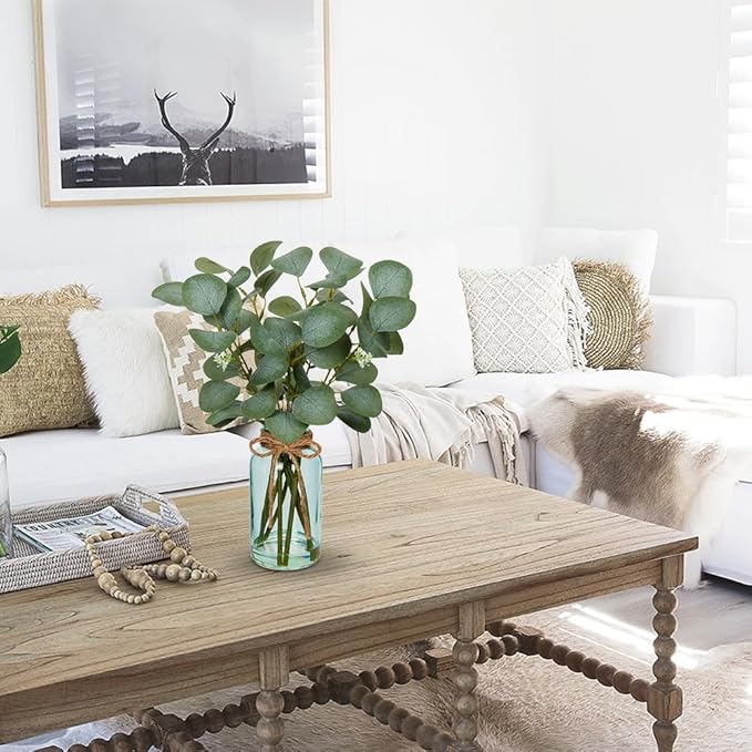 Briful Artificial Eucalyptus Stems in Blue Glass Vase with Faux Water, 14" Fake Plant Eucalyptus Leaves for Home Farmhouse Wedding Centerpiece Bathroom Décor