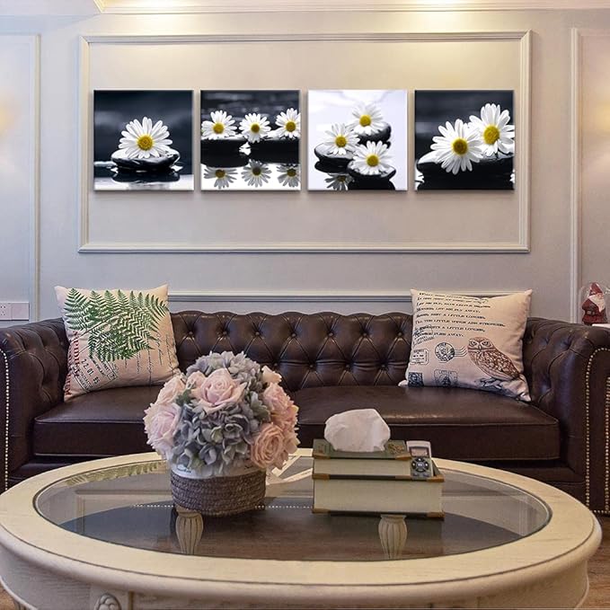 Yxbhhym-Black and White Wall Art Zen Décor Canvas Print Daisy Poster Painting Flower Stone Picture Meditation Artwork for Bathroom Decoration Dining Wall Art Bedroom Living Room Decor Office Framed