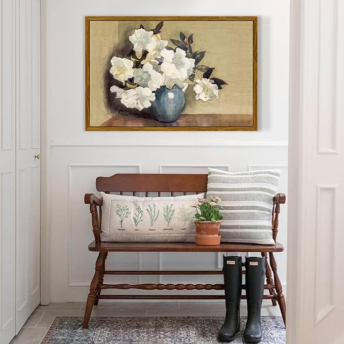 crmotu Framed Canvas Wall Art, Still Life Floral Vintage Art Prints, Classical White Flowers Botanical Decor Artwork, Retro Azalea Pictures Wall Decor Living Room Bedroom Kitchen Office 16x24in