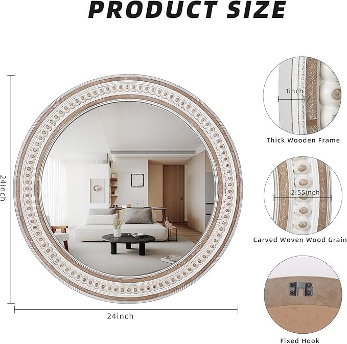 24 Inches Rustic Round Wall Mirrors - Wooden Farmhouse Circle Mirror for Bathroom, Entryway, Bedroom, Living Room, Entryway Decorative