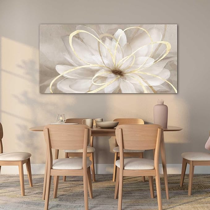 Kureful Gold Wall Decor Floral Canvas Wall Art Flower Pictures for Wall Grey Background Office Wall Decorations 24"x48" Art for Home Kitchen Hotel