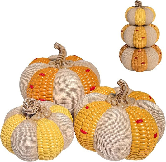 Set of 3 Decorative Corn Pumpkins, Fall Resin Stackable Pumpkins for Decorating, Thanksgiving Harvest Autumn Seasonal Outdoor Porch Decor, Indoor Table Centerpiece Mantel Home Decorations