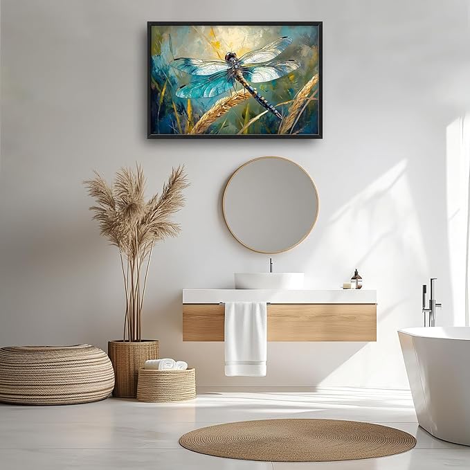 Olivine Dragonfly Wall Art, Vintage Dragonfly Pictures Wall Decor, Nature Painting, Insect Canvas Prints, Framed Artwork for Bathroom Bedroom Living Room Office Home Decoration 36"x24"