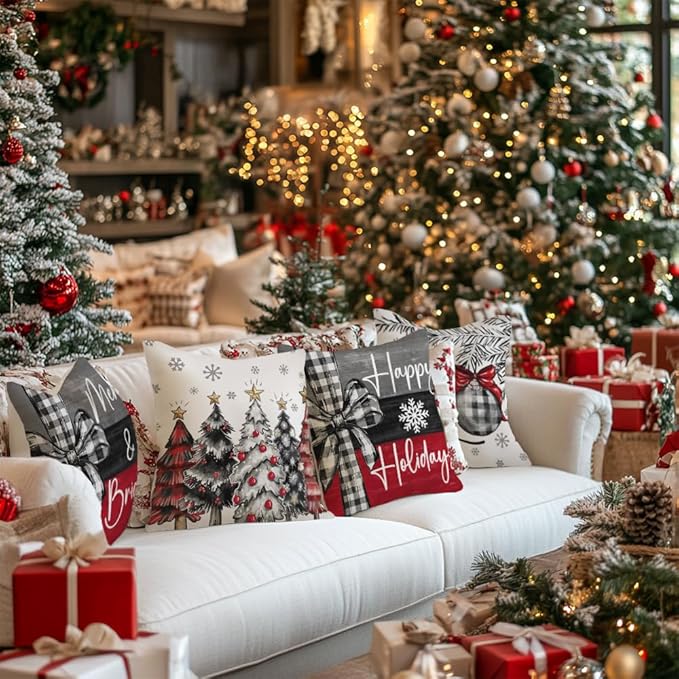 GEEORY Christmas Throw Pillow Covers 20 x 20 Inch Set of 4, Xmas Trees Merry and Bright Happy Holidays Farmhouse Decorative Cushion Cases for Home Decoration G418N-20