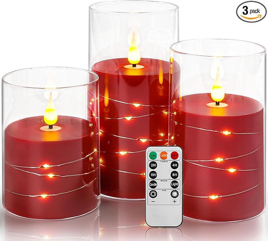Da by Flickering Flameless Candles with Remote,Acrylic LED Candles with Embedded Star String,Battery Operated Candle, for Home and Holiday Decoration Set of 3（Red）