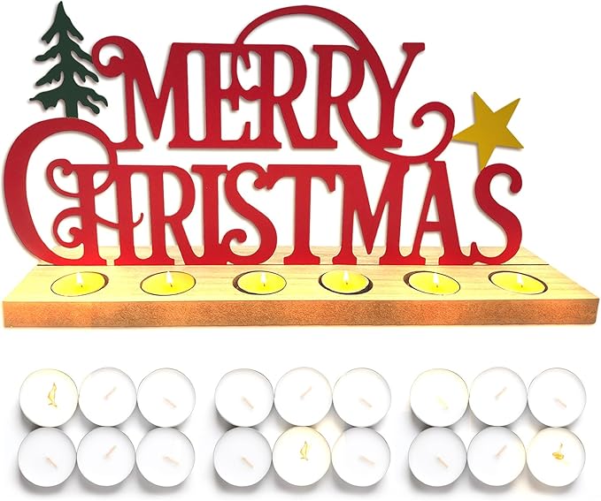 Merry Christmas Metal Sign Rustic Table Decorations with Wooden Base, Tiered Tray Decor with 18pcs Tealights, Table Centerpieces Metal Word Sign for Xmas Party Home Indoor Office Tabletop Mantel Shelf