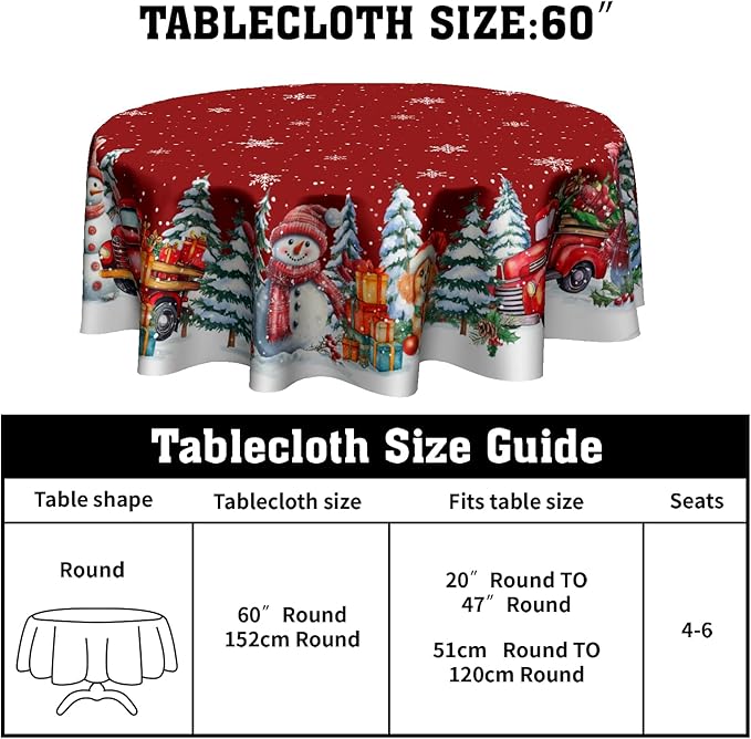 Kawani Christmas 60 Inch Round Tablecloth Red Snowman Round Table Cloth Decor for Home Xmas Truck Decorative Dining Table Cover for Winter Holiday Farmhouse Party Picnic Decor