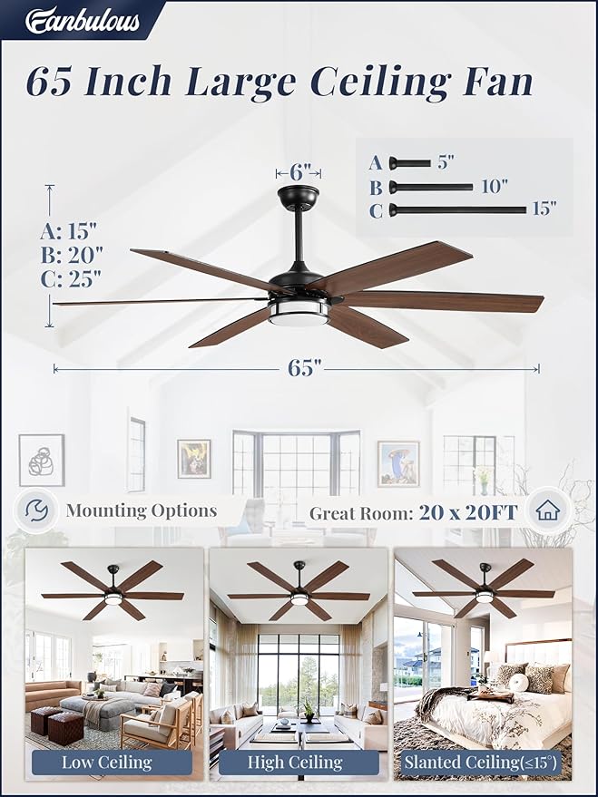 65 Inch Ceiling Fans with Lights, Farmhouse Large Ceiling Fans with Remote, Black&Brown Modern Ceiling Fan with LED Light, Quiet DC Motor for Living Room, Bedroom, Kitchen, Indoor