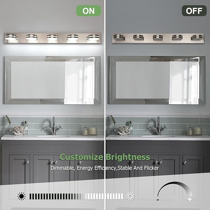 Brushed Nickel Bathroom Light Fixtures Over Mirror, 5-Light Bathroom Vanity Light, LED Dimmable Bath Lights, Modern Wall Mounted Lighting Fixture with Rotating Lamp Head