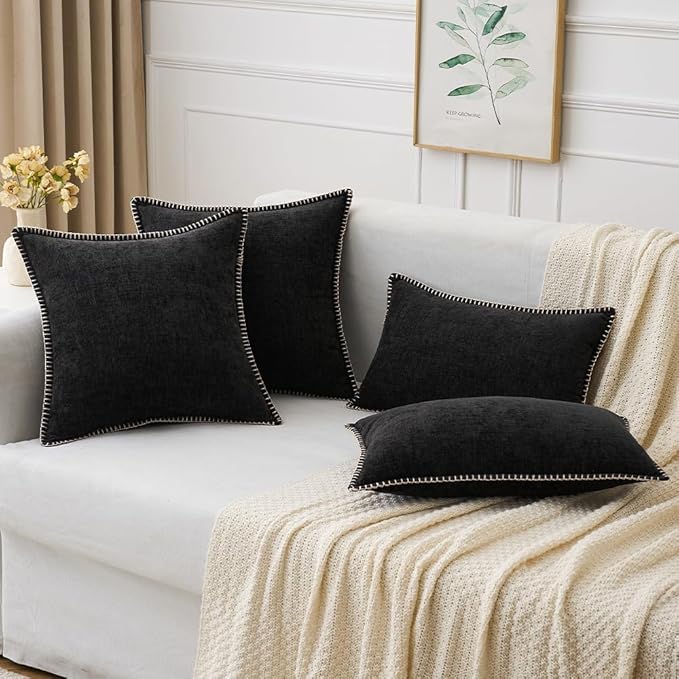 MIULEE Pack of 2 Couch Throw Pillow Covers 20x20 Inch Black Farmhouse Decorative Pillow Covers with Stitched Edge Soft Chenille Solid Dyed Spring Pillow Covers for Sofa Bed Living Room
