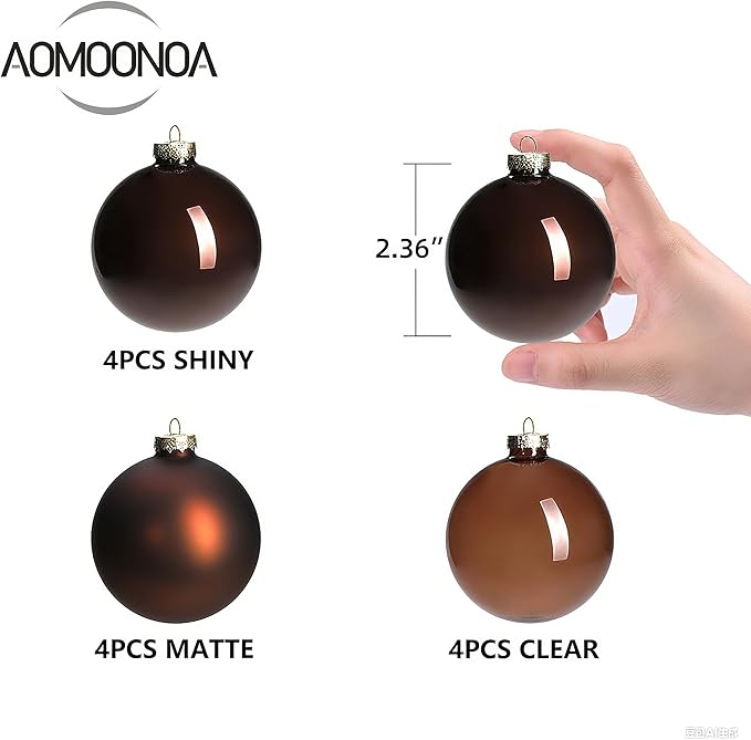 Brown Glass Christmas Ball Ornaments for Xmas Tree, 2.36” Hanging Ornaments Set of 12 Xmas Baubles for Holiday Party Gifts