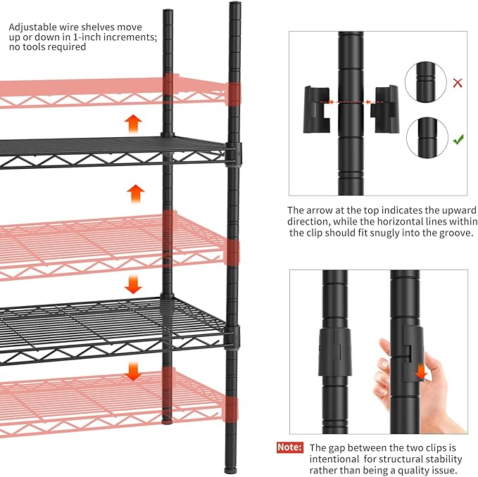 5 Tier Adjustable Storage Shelves Heavy Duty Metal Utility Shelf 750LBS Capacity Wire Shelving Unit Organizer Rack for Home Kitchen Office Bathroom Pantry Room 12" D x 22" W x 59" H Black