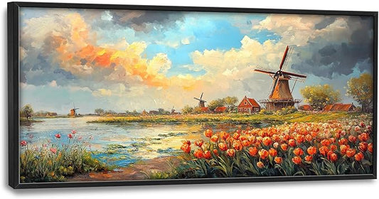Windmill Framed Wall Art for Living Room, Large Tulips Canvas Wall Decor, Vintage Florals Pictures Painting, Farmhouse Artwork for Bathroom Bedroom 60L'' × 30W''