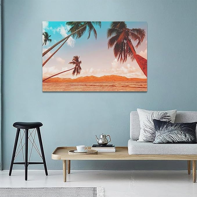 Large Beach Palms Wall Art Coastal Tropical Palm Tree Pictures Wall Decor Bathroom Ocean Nautical Canvas Painting Print Modern Home Decor Artwork Framed for Living Room Bathroom Master Bedroom 24"x16"
