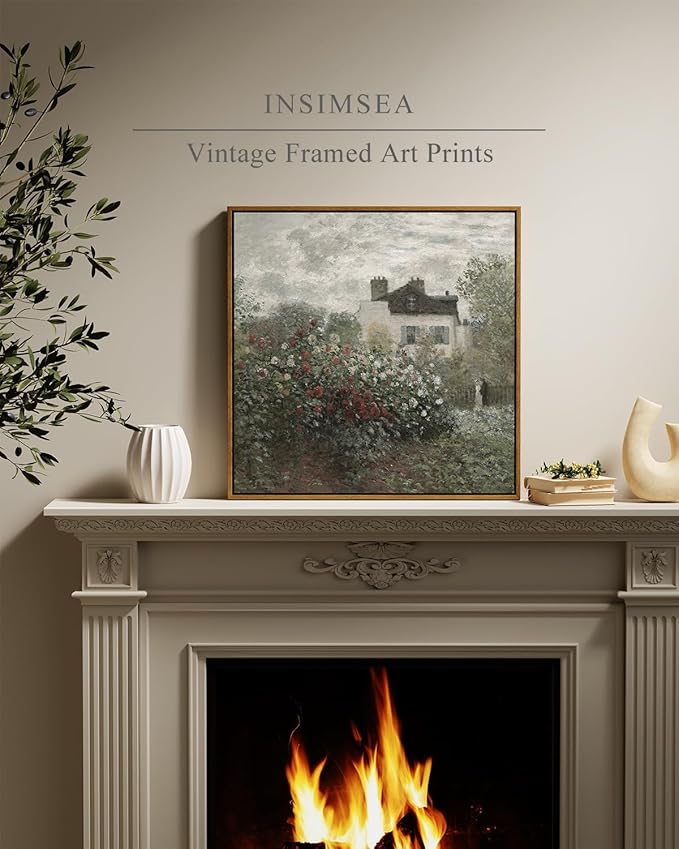 InSimSea Square Framed Canvas Wall Art, Large Decor Monet Flower Garden Paintings, Garden Scenery Wall Pictures for Bedroom Bathroom Living Room, Canvas Prints Vintage Farmhouse Decor 20"x20"