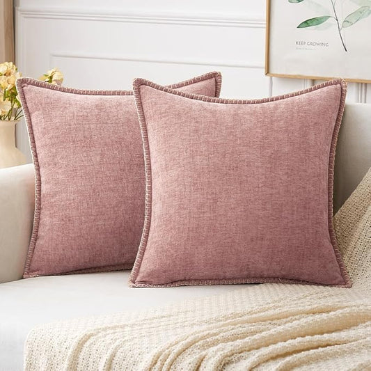 MIULEE Pack of 2 Couch Throw Pillow Covers 16x16 Inch Blush Pink Farmhouse Decorative Pillow Covers with Stitched Edge Soft Chenille Solid Dyed Spring Pillow Covers for Sofa Bed Living Room