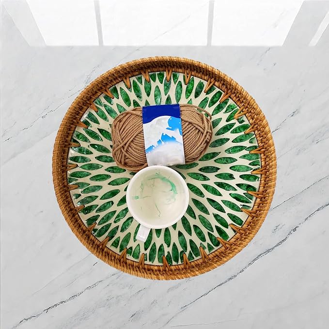 11.81" Round Rattan Mother Pearl Inlay Tray | Decorative Wooden Base for Fruit Serving, Coffee Table, Storage and Display Organizer (Green Leaf 13.8)