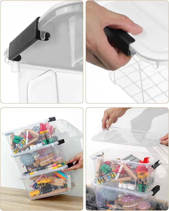 Plastic Storage Bins with Lids 6 Pack, 7 Quart Storage Containers With Black Buckle Latch, Stackable Storage Organizers for Home Pantry Office Classroom Organization, Clear