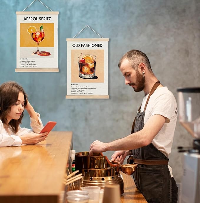 Yomisex Aperol Spritz Old Fashioned Cocktail Wall Art Poster, Vintage Italian American Cocktail Canvas Prints Wall Art Framed for Home Kitchen Bar Pub Decor, 12x16 Inch Set of 2