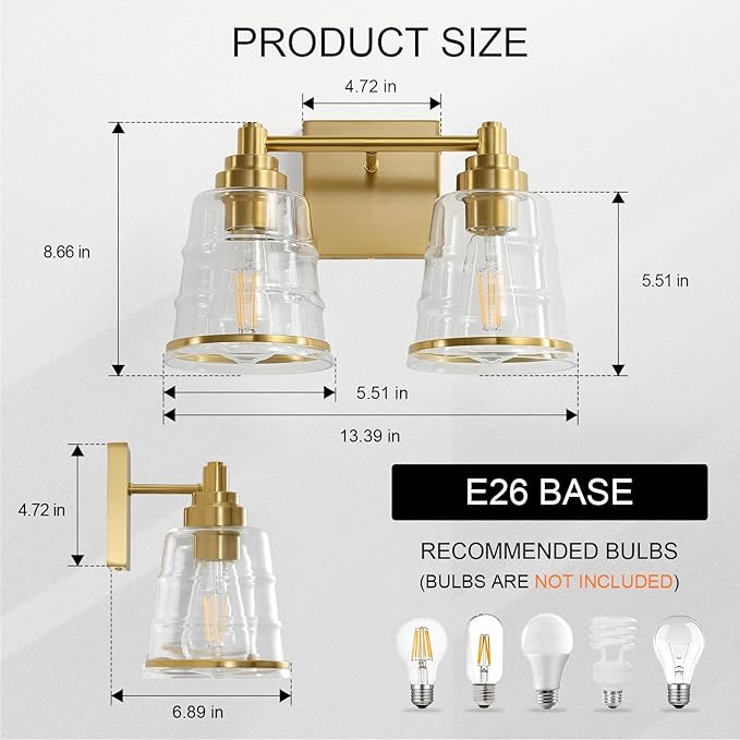 Gold Bathroom Vanity Light Fixture, 2 Light Bathroom Light Fixtures Over Mirror with Clear Glass Shade and Metal Base Wall Sconce,13.4 inch Modern Vanity Light for Bathroom (Exclude E26 Bulb)