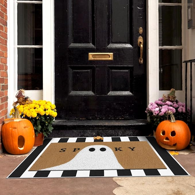 2 Pcs Halloween Doormat Spooky Ghost Outdoor Welcome Mats for Front Door Non Slip Ghost Coir Floor Mat Black White Stripe Halloween Rug for Outside Front Porch Entryway Decor