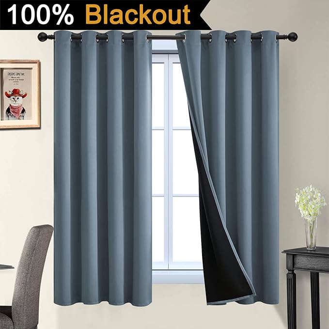 Yakamok 100% Blackout Lined Panels, Room Darkening Thermal Insulated Blackout Curtains for Bedroom, Heat Blocking Drapes for Living Room(52Wx63L, Stone Blue, 2 Panels)