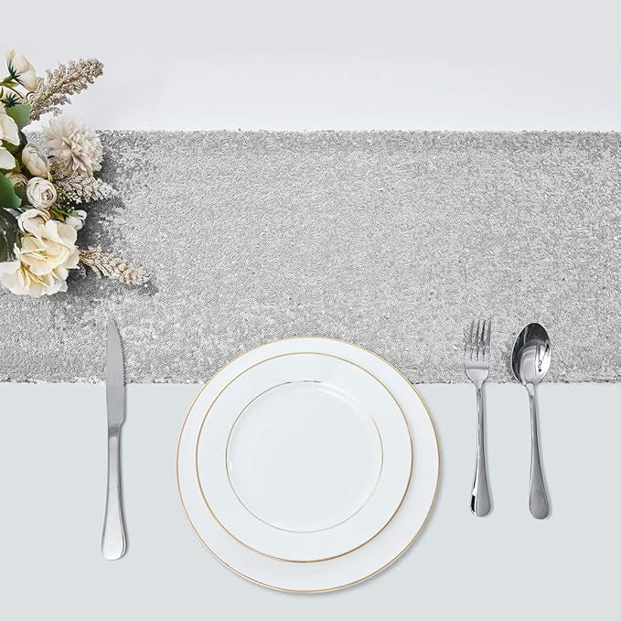 6 Packs 12 x 108 inches Silver Sequin Table Runner, Glitter Silver Table Runner for Wedding Birthday Bachelorette Holiday Party Supplies Decorations Bridal Shower Baby Shower