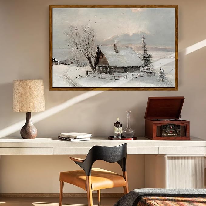crmotu Large Framed Wall Art, Winter Landscape Vintage Decor Painting, Retro Snowy Cabin Canvas Prints, Country Nature Scenery Pictures Wall Decor Living Room Bedroom, Rustic Farmhouse Artwork 24x36in
