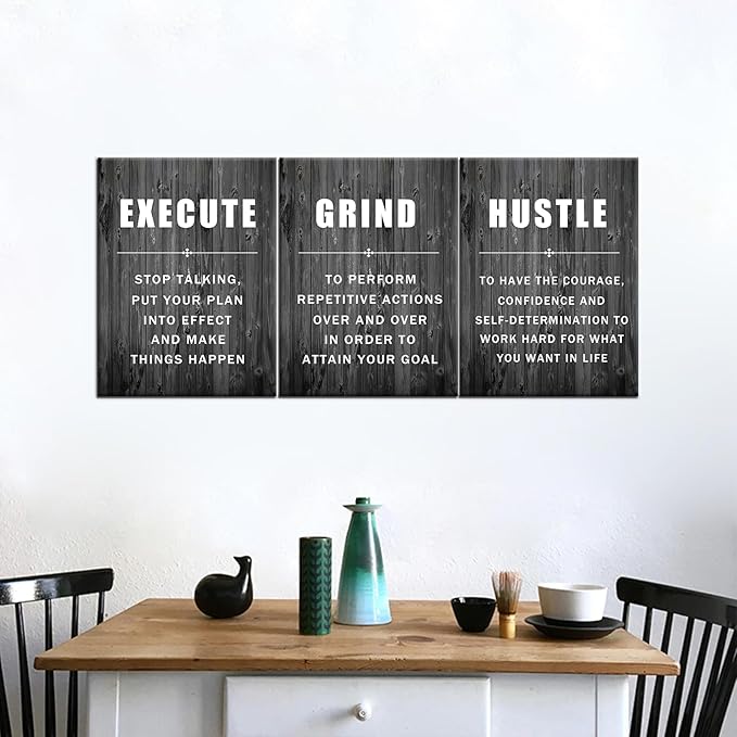 Inspirational Poster Execute Grind Hustle Motivational Wall Art 3 Pieces Canvas Prints Artwork for Living Room Modern Home Decor Painting Pictures Stretched and Framed Ready to Hang [36''Wx 16''H]