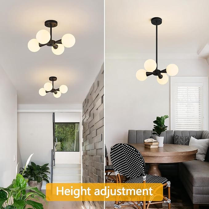Modern Ceiling Light with Milk White Glass lampshade Black Semi Flush Mount Ceiling Light Fixture Sputnik Chandelier for Bedroom Living Room Dining Room Foyer Hallway(4-Lights)