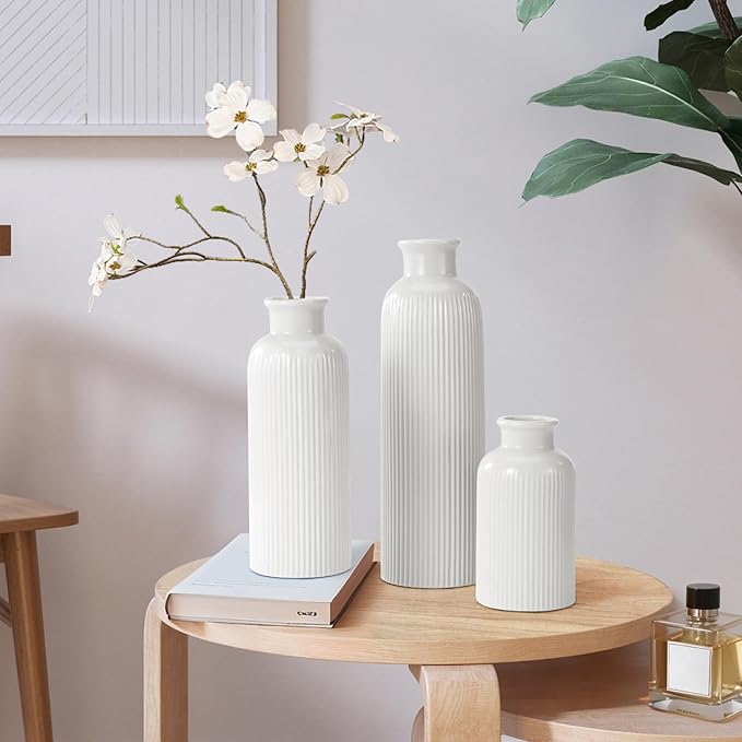 Small White Ceramic Vase Set of 3, Boho Modern White Flower Vase Room Decor, Farmhouse Decor, Vases for Your Kitchen, Bathroom, Bedroom, Living Room, Office&Shelf Centerpiece Table Decorations